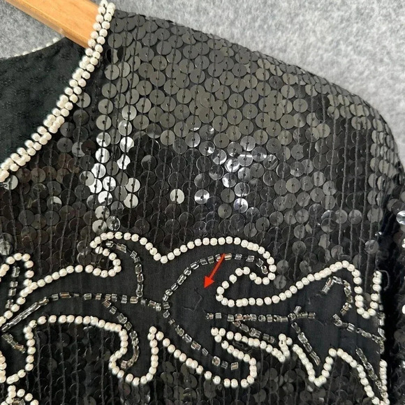 Vintage Sarin Sequin Top Womens S / M Beaded Black Silver Floral Silk 80s Blouse - Picture 7 of 15